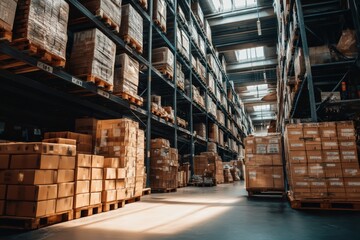 A modern warehouse filled with stacked pallets and boxes, featuring high shelves, industrial lighting, and a spacious organized layout