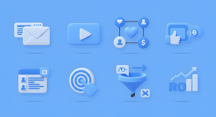 A collection of modern 3D icons representing digital marketing, social media engagement, sales funnel, and return on investment analysis