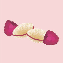Illustration of two traditional Finnish sugar-coated spoon cookies (lusikkaleivät) filled with raspberry jam, accompanied by two fresh raspberries on a soft pink background.