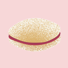 Illustration of one traditional Finnish sugar-coated spoon cookie (lusikkaleivät) filled with raspberry jam on a soft pink background.