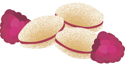 Illustration of three traditional Finnish sugar-coated spoon cookies (lusikkaleivät) filled with raspberry jam, accompanied by two fresh raspberries on white background.