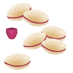 Illustration set of traditional Finnish sugar-coated spoon cookies (lusikkaleivät) filled with raspberry jam, accompanied by two fresh raspberries on white background.
