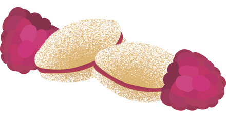 Illustration of two traditional Finnish sugar-coated spoon cookies (lusikkaleivät) filled with raspberry jam, accompanied by two fresh raspberries on white background.