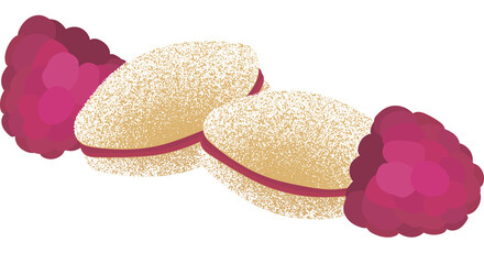 Illustration of two traditional Finnish sugar-coated spoon cookies (lusikkaleivät) filled with raspberry jam, accompanied by two fresh raspberries on white background.