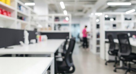 A blurred, modern office background with white desks and black chairs, suggesting a busy yet professional workspace
