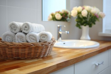 A wicker basket with rolled white towels sits on a wooden bathroom counter beside a sink and a vase of flowers