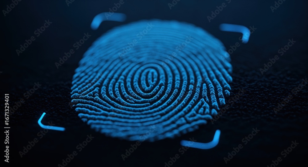 Poster cybernetic identity: a close-up view of a blue fingerprint glows against a stark, dark backdrop, sym