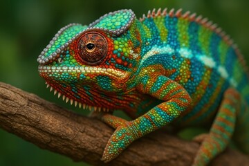 Exotic Chameleon on Branch: A vibrant chameleon, with stunning colors and textures, rests gracefully on a branch, showcasing the intricate beauty of the natural world. 