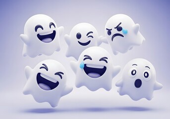 A group of cute and expressive 3d ghosts with different emotions and facial expressions floating together