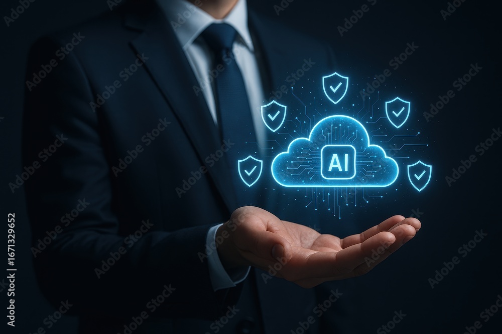 Poster digital guardian: a professional extends an open palm to showcase the protective embrace of ai and c