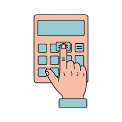 Hand pressing a button on a calculator with a blank screen, illustration on a white background.