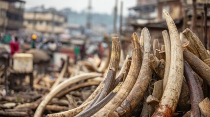 A large pile of elephant ivory tusks is displayed in a crowded outdoor market, highlighting illegal wildlife trade
