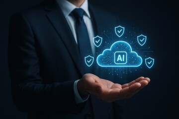 Digital Guardian: A professional extends an open palm to showcase the protective embrace of AI and cloud security, emphasizing data protection and digital solutions in a modern business context.