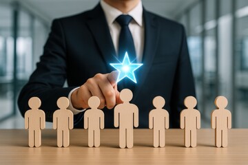 The Star Decision: a hand select and point the most outstanding candidate among other candidates, emphasizing achievement of goals and success.