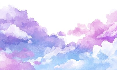 Pastel cloudscape. Soft, blended hues of purple, lavender, and blue clouds against a white background