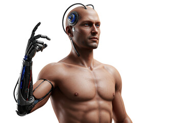 Isolated Cyborg futuristic human with bionic arm, bald male in the style of a digital artwork