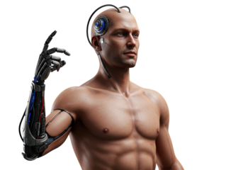 Isolated Cyborg futuristic human with bionic arm, bald male in the style of a digital artwork