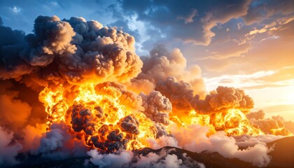 Fiery explosion with massive smoke plumes against a dramatic sunset sky
