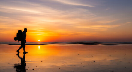 Silhouette of a person with backpack walking on beach at sunset with vibrant orange and yellow sky
