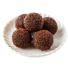 Brazilian brigadeiros in a white plate on transparent background