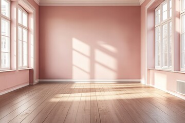 An empty, sunlit room with pale pink walls and light wooden flooring, showcasing the soft, natural light.