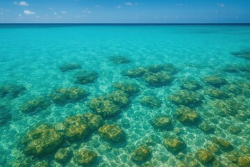 Fototapeta premium Serene Ocean Vista: The crystal-clear turquoise ocean gently laps against the shore. The vibrant underwater rock formations adds a touch of geological wonder to the scene.