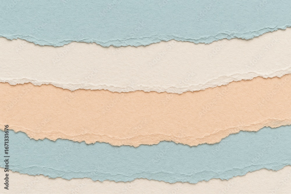 Aufkleber torn paper layers: the image showcases a textured composition of carefully torn paper strips arrange