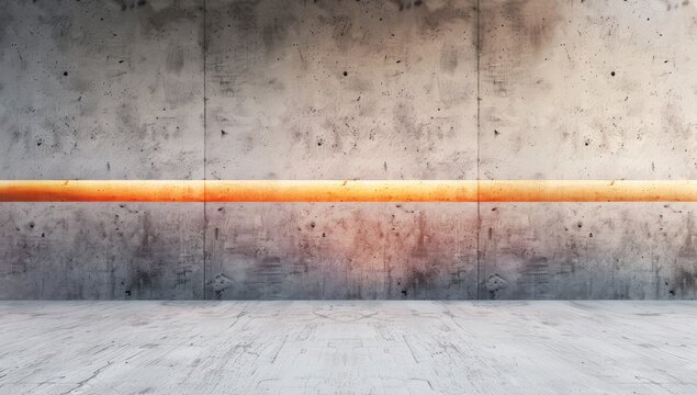 Modern concrete room, orange light strip, empty space, interior design, architectural background
