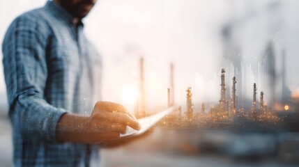Businessman analyzing financial data with a refinery backdrop
