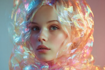 Enchanting Portrait of Young Woman Shrouded in Iridescent Cellophane with Dreamlike Multicolored Reflections and Pastel GlowDreamy
