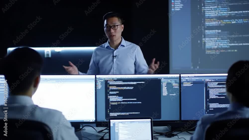 Aufkleber asian man explaining code on multiple screens in dark studio with colleagues