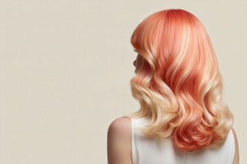 Naklejka premium A woman with vibrant, wavy, ombre-colored hair, styled in a retro fashion, against a neutral background.