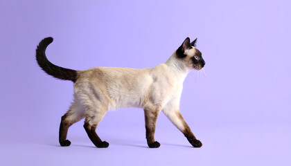 Cream-colored Cat Walking on Purple Background
