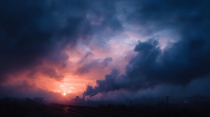 Fototapeta premium Dramatic industrial landscape at sunset