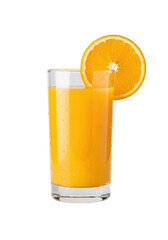 Pristine highball glass with vibrant orange juice, condensation, and perfect orange slice on rim, isolated on transparent. Refreshing beverage concept