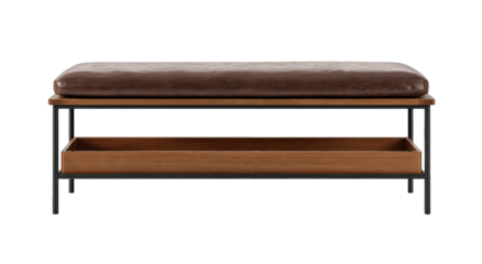 Brown leather bench with wooden storage