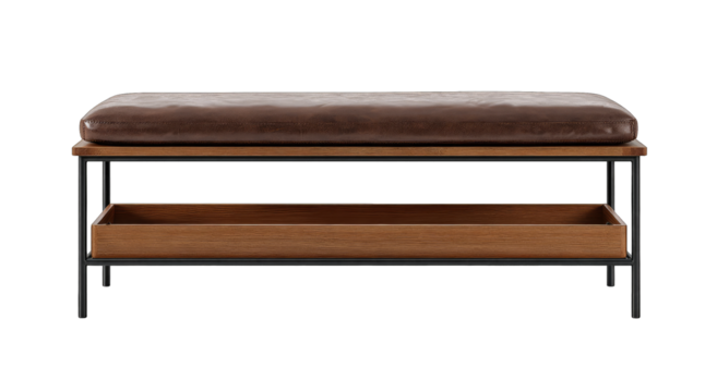 Brown leather bench with wooden storage