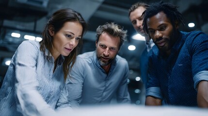 Fototapeta premium A team of engineers and venture capitalists reviewing industrial schematics for a potential startup investment long title A group of engineers and