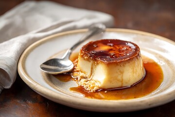 Creamy caramel custard dessert on a plate.