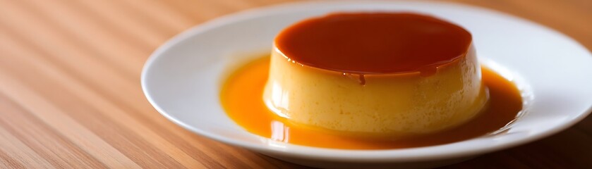 Creamy custard dessert with caramel topping on a plate.