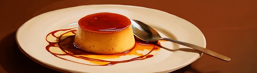 Creamy custard dessert on a plate with caramel sauce.