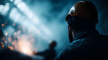 A welder working in a large factory observed by an investor in the distance