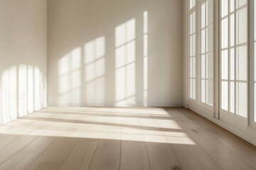 An empty room bathed in natural light, showcasing sunlit shadows on pale walls and a light-colored wooden floor.