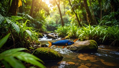 Lush jungle stream with vibrant fish