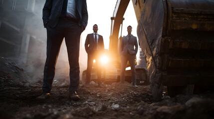 Obraz premium Construction team in suits overlooking an industrial site at sunset
