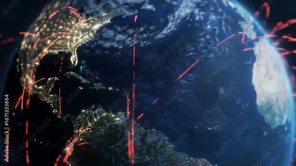Poster glowing earth with red connection lines illustrating global connectivity and network