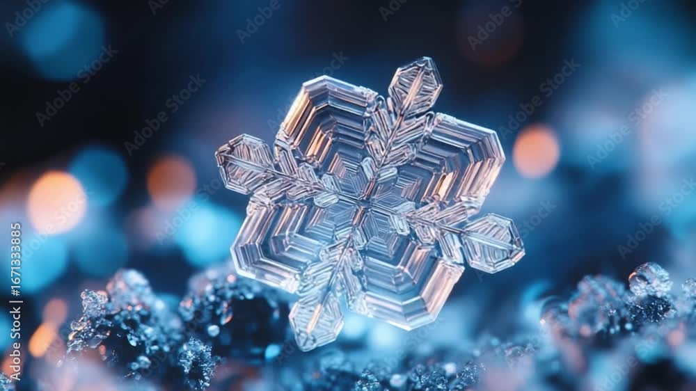 Poster stunning close up of snowflake resting on shimmering ice crystals, showcasing intricate patterns and