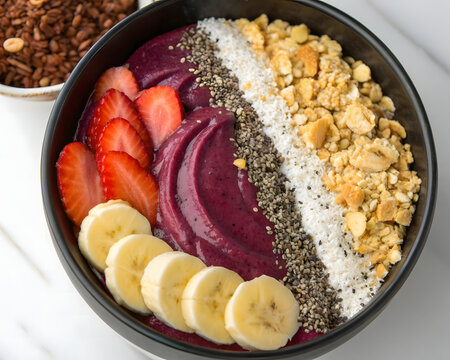 A healthy and vibrant aai bowl topped with fresh strawberries, sliced bananas, granola, chia seeds, and shredded coconut, presented in a black bowl, perfect for a nutritious breakfast or snack