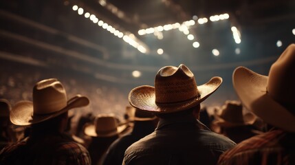 A crowd of people in cowboy hats watches an indoor event under bright arena lights, creating a lively Western atmosphere