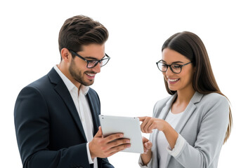 Two business professionals, a man and a woman, collaborating and discussing ideas while looking at a tablet, isolated on transparent background